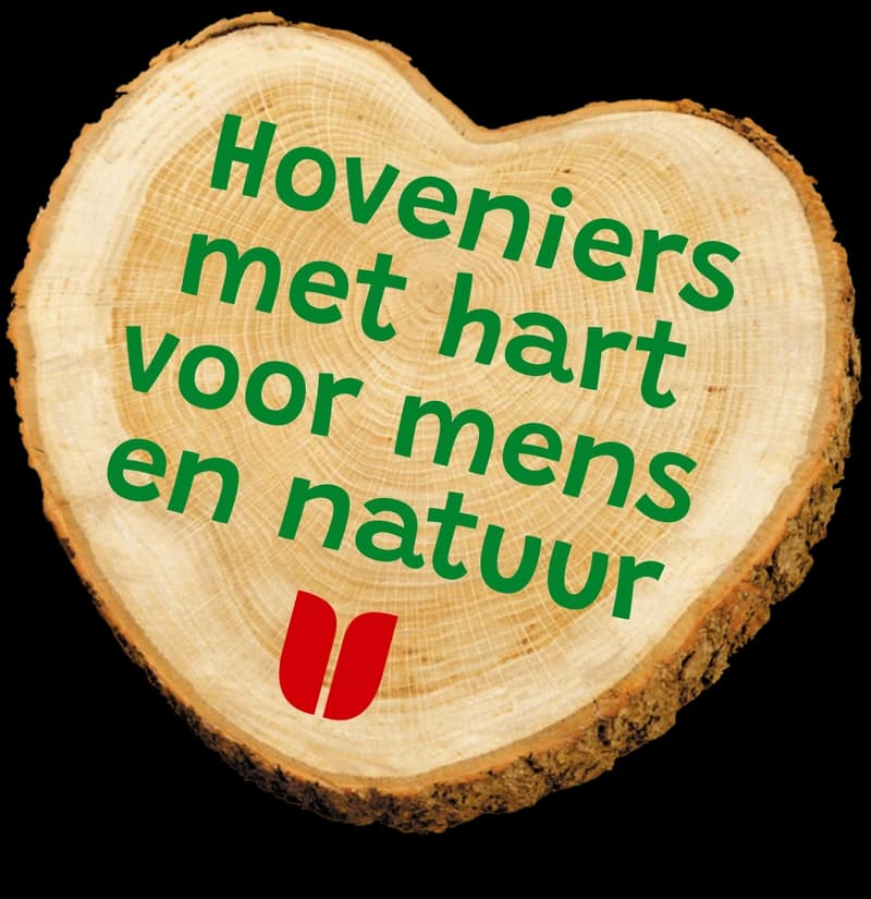 Het eikenhart zoals het nu op de bussen staat: een schijf eikenhout in de vorm van een hart, met daarin in groene letters het motto Hoveniers met hart voor mens en natuur