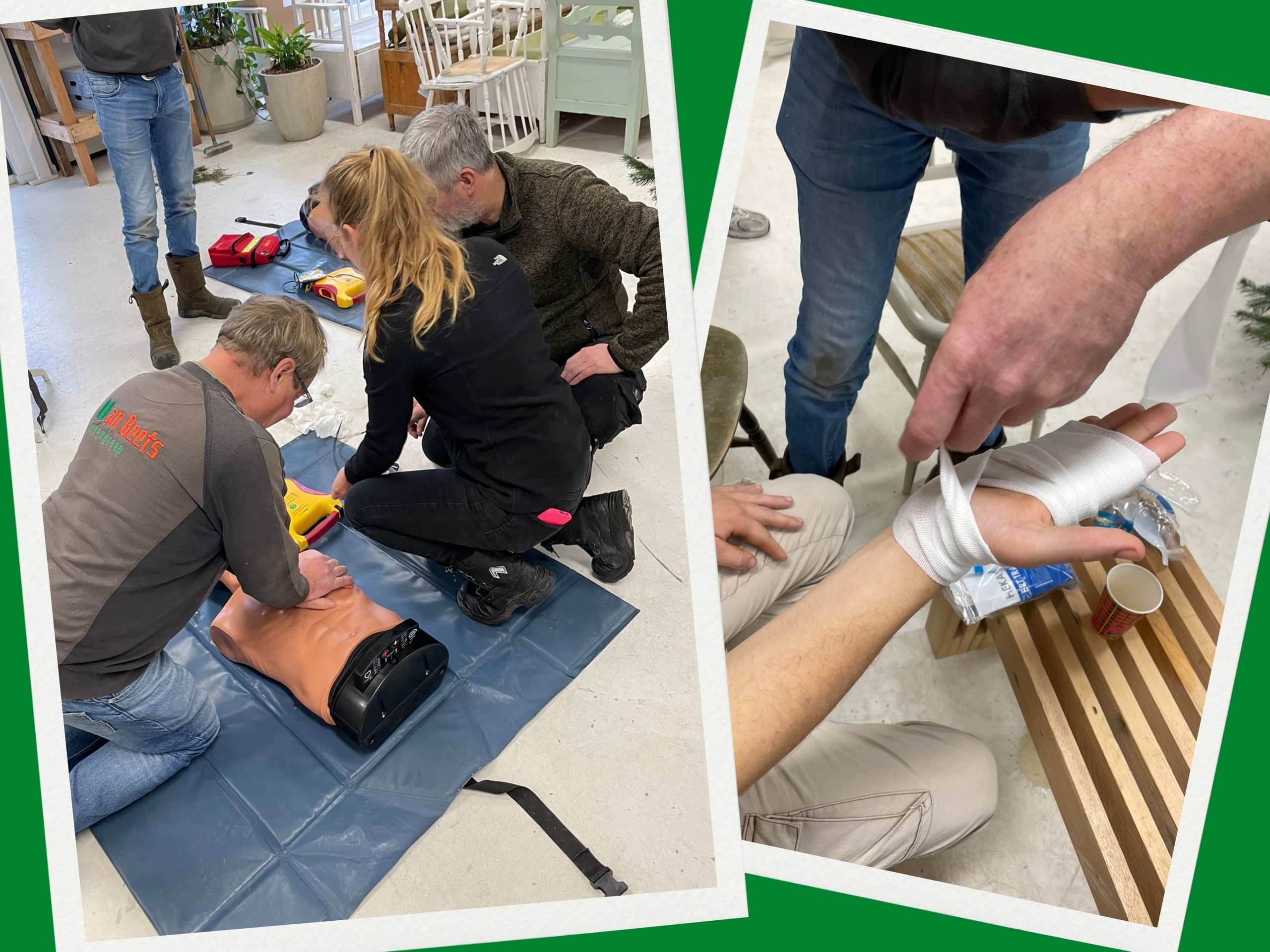 Collega's van Van Beets oefenen tijdens de BHV-training reanimatie op een oefenpop, met een AED ernaast, en leggen een drukverband aan om een hand en pols