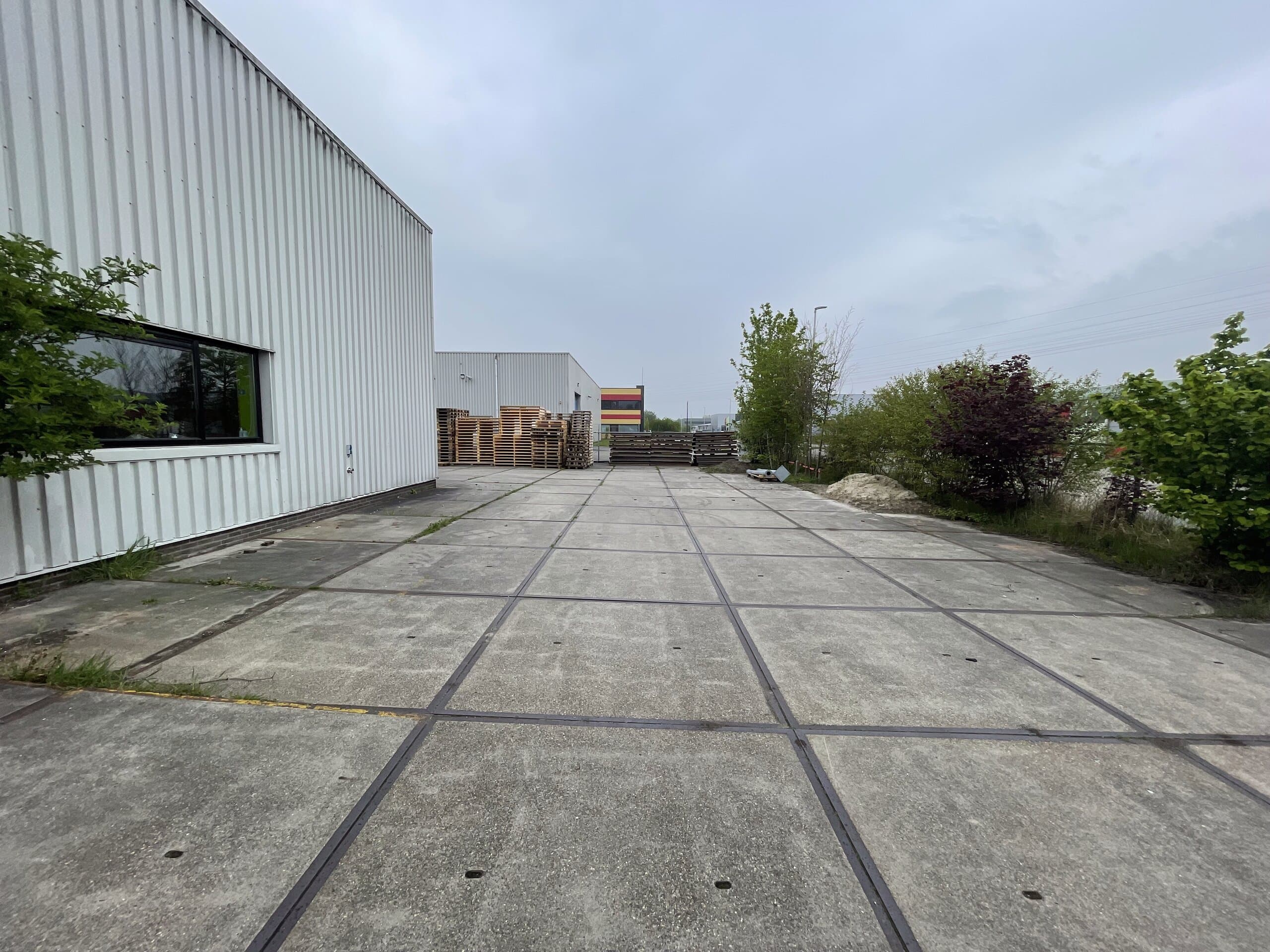 Betonplaten met onkruid in de voegen en opgestapelde pallets langs de rand van het terrein