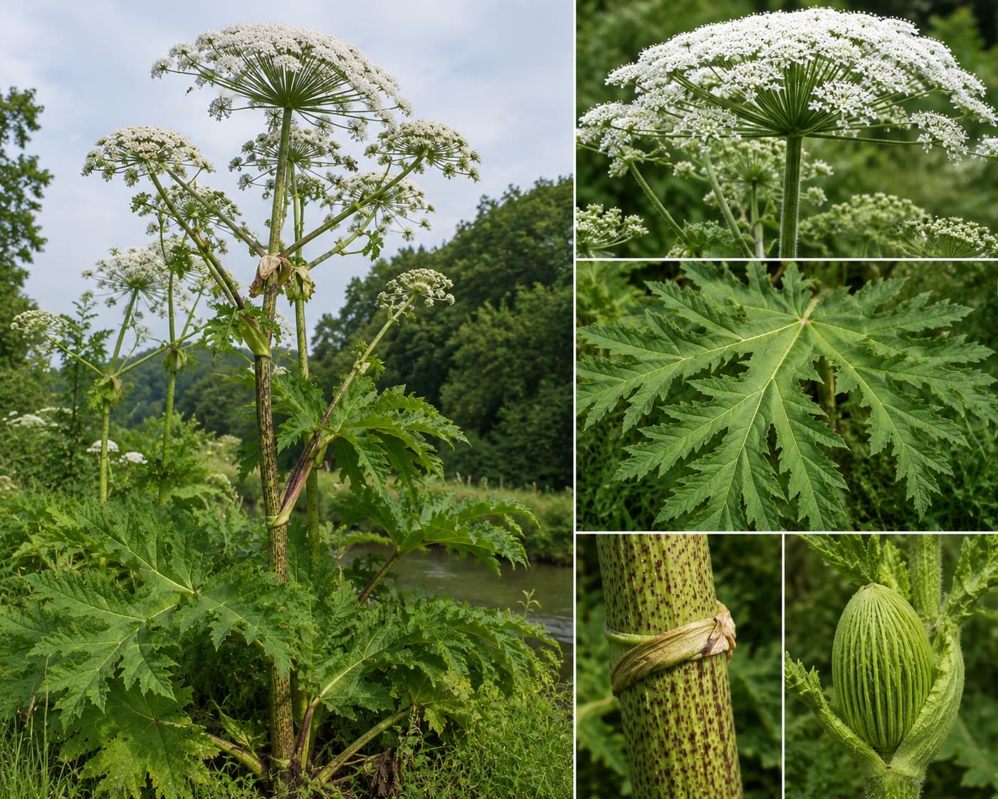 Bloeiende reuzenberenklauw op een rivieroever, met close-ups van het witte bloemscherm, het diep ingesneden blad, de paars gevlekte stengel en een bloemknop. Deze afbeelding is met AI gemaakt.