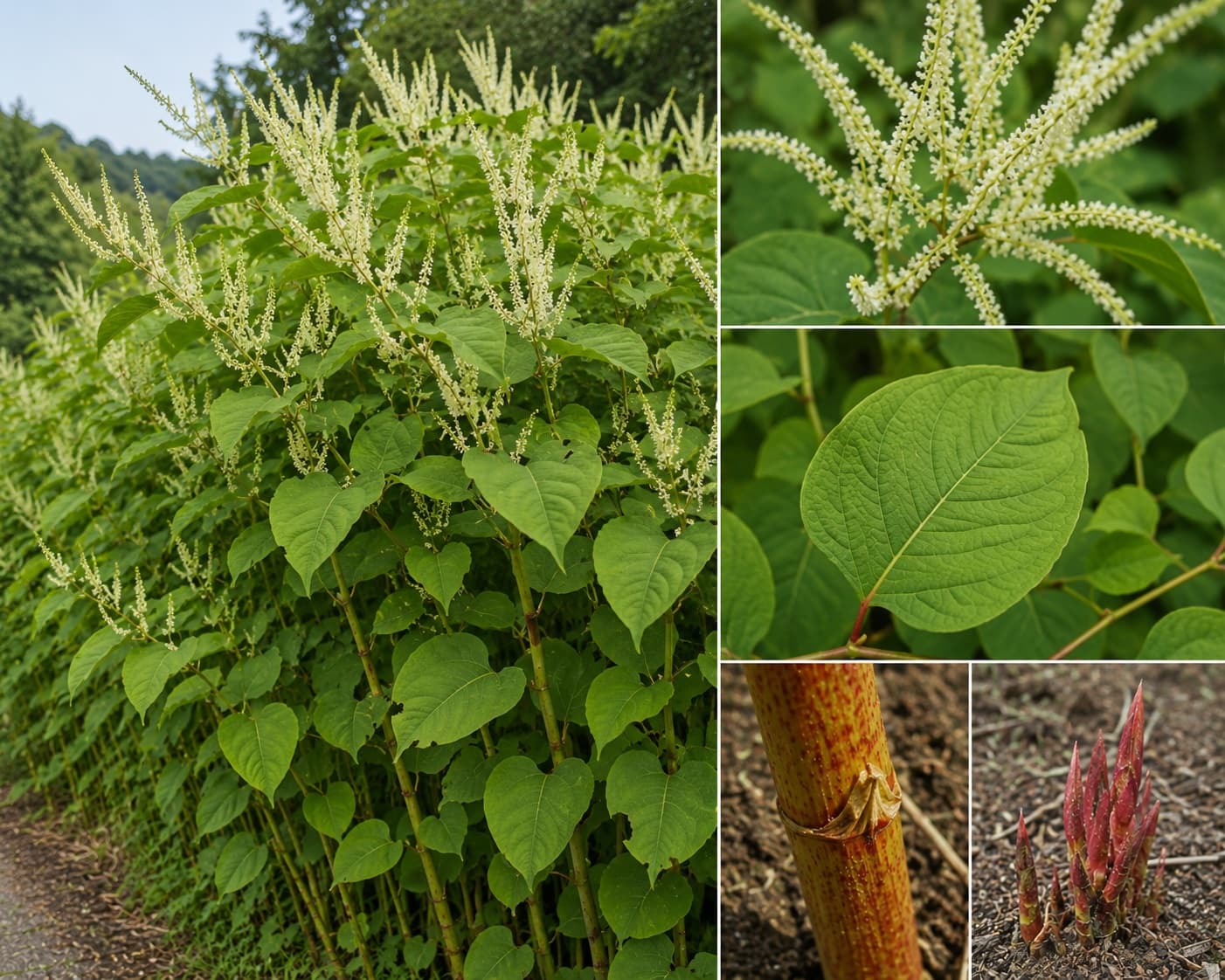 Japanse duizendknoop in bloei langs een pad, met close-ups van de witte bloeiaren, het hartvormige blad, de gevlekte stengel en de rode scheuten in het voorjaar. Deze afbeelding is met AI gemaakt.