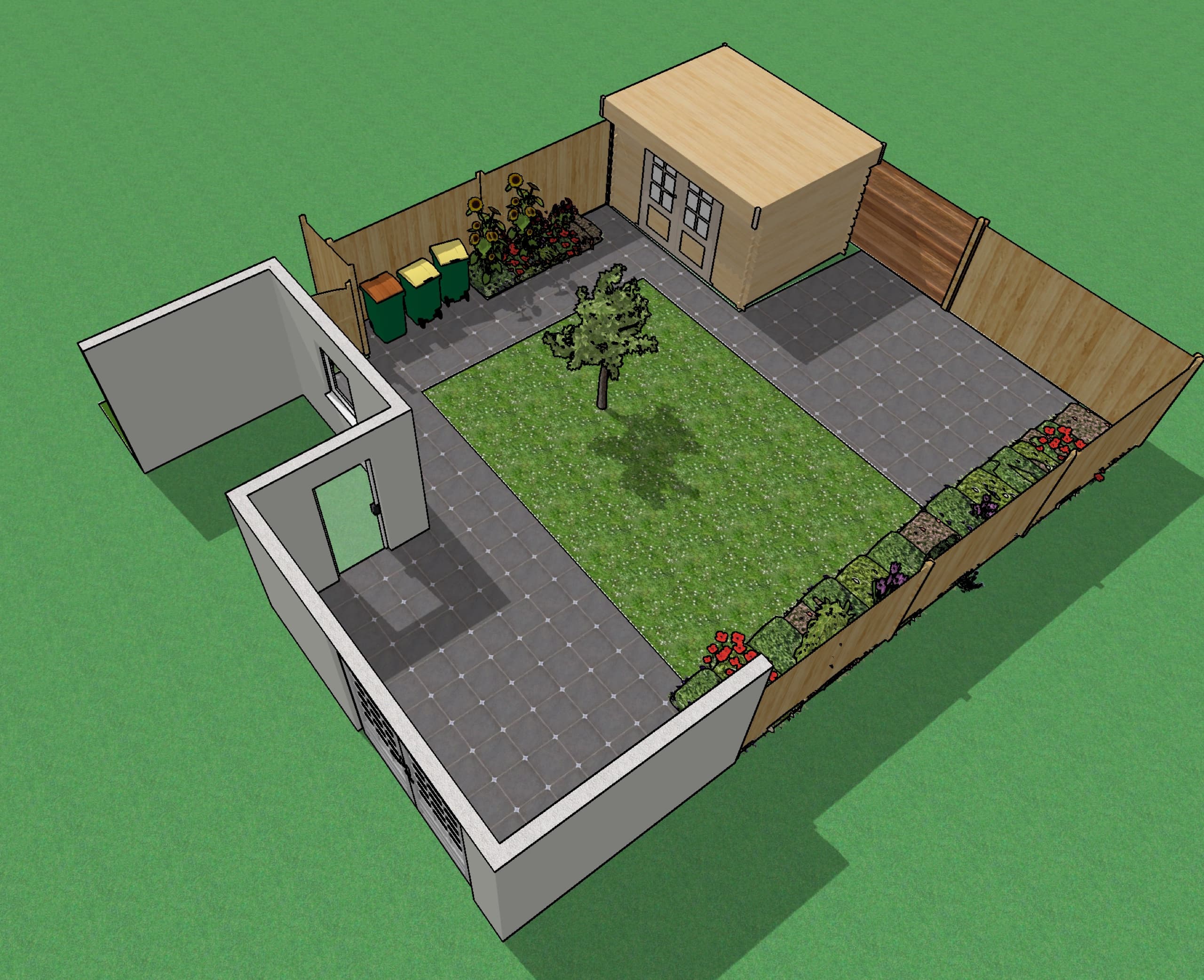 3D-tuinontwerp van een achtertuin met gazon en boom, een terras van grijze tegels, borders langs de schutting en een houten tuinhuis